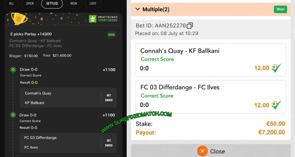 DRAFTKINGS SPORTS CORRECT SCORE MATCHES