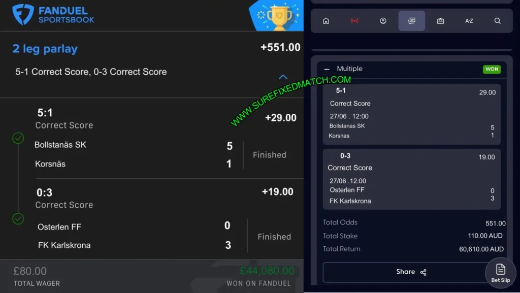 FANDUEL CORRECT SCORE FIXED MATCHES